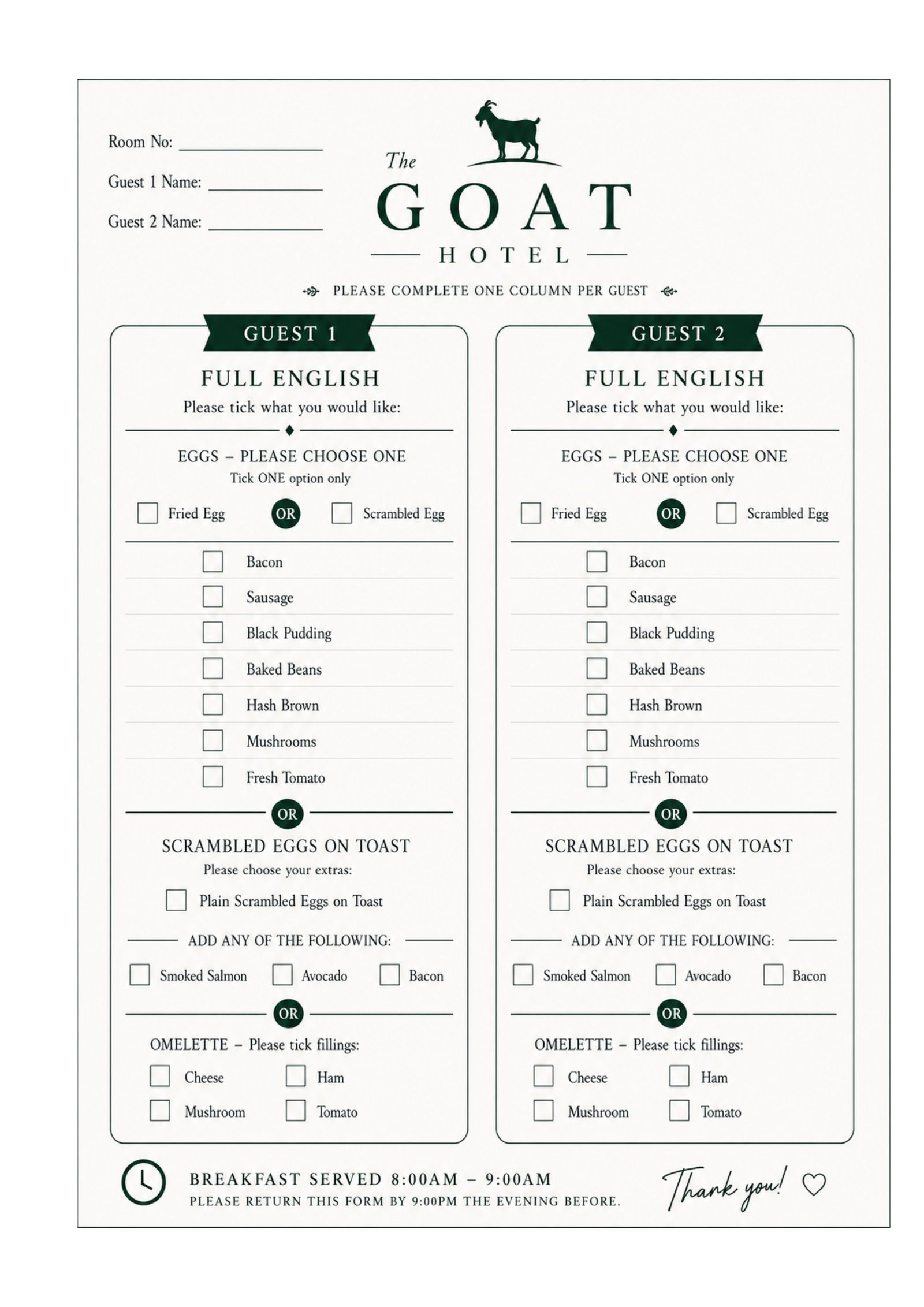 Goat Hotel breakfast order card, showing Full English, scrambled eggs on toast, and omelette options